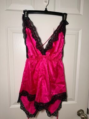 Women's Hot Pink Satin Lace Chemise - Unbranded